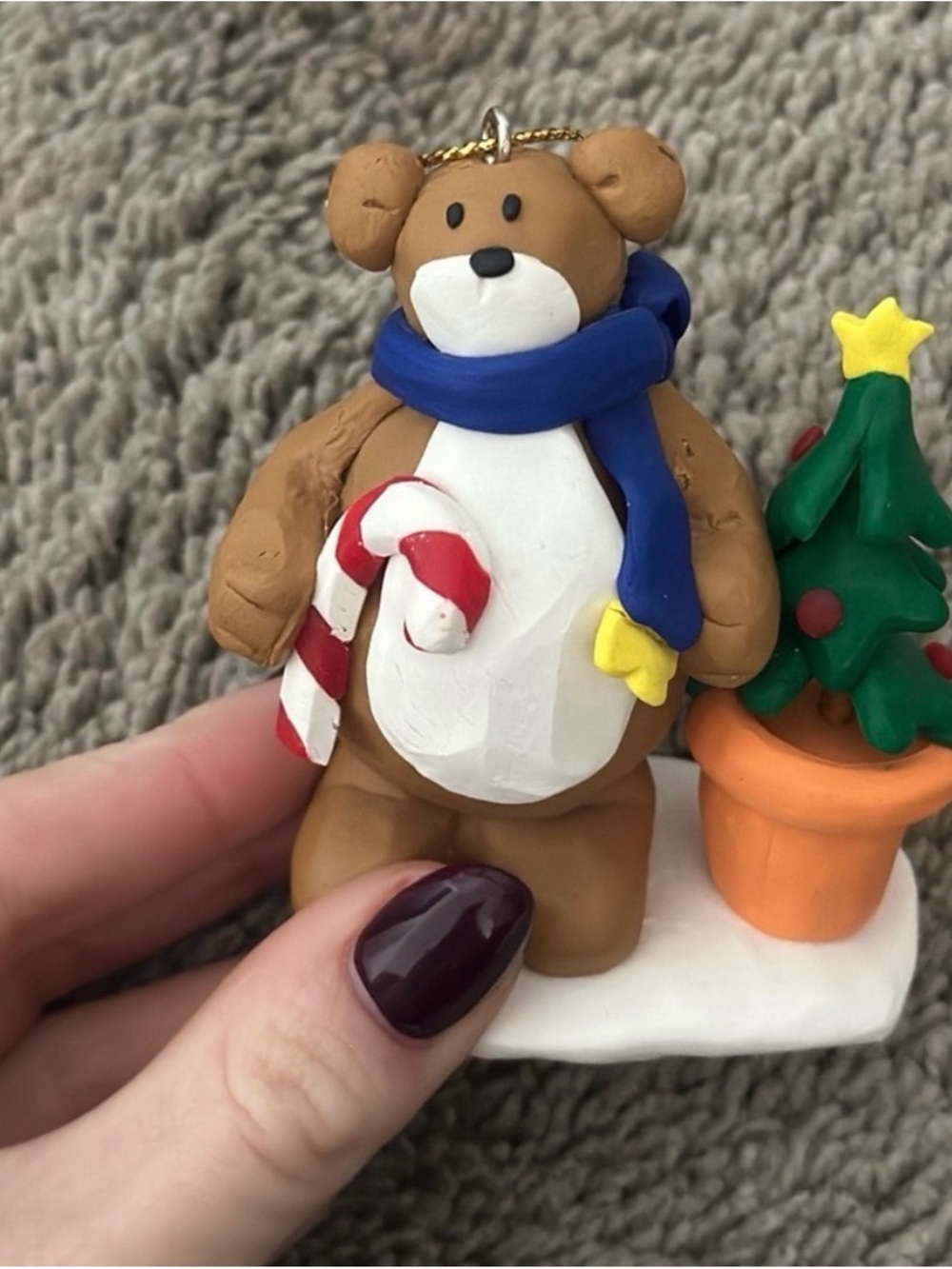 Vintave Brown Bear Christmas Ornament with Blue Scarf & Candy Cane